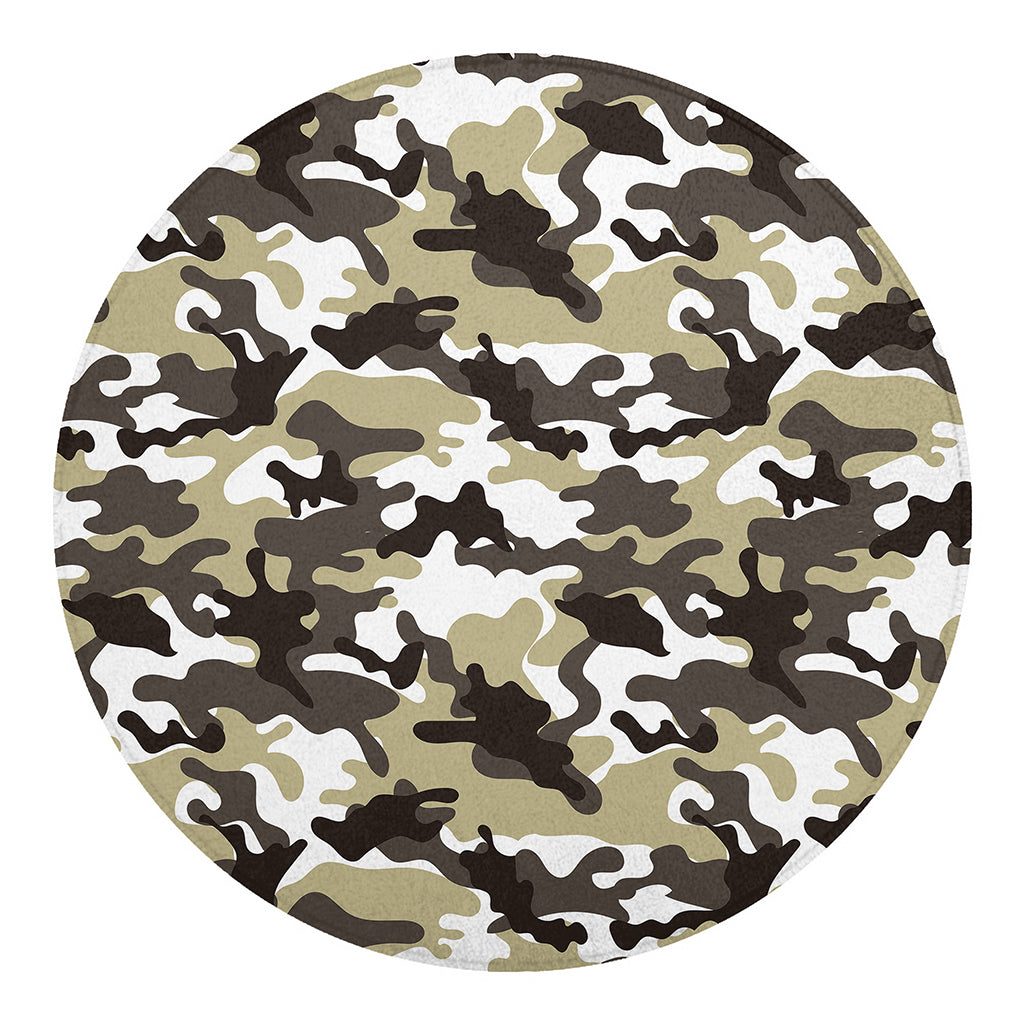 Brown And White Camouflage Print Round Blanket