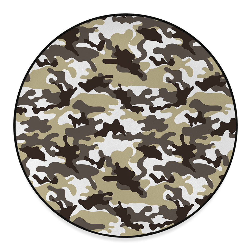 Brown And White Camouflage Print Round Floor Mat