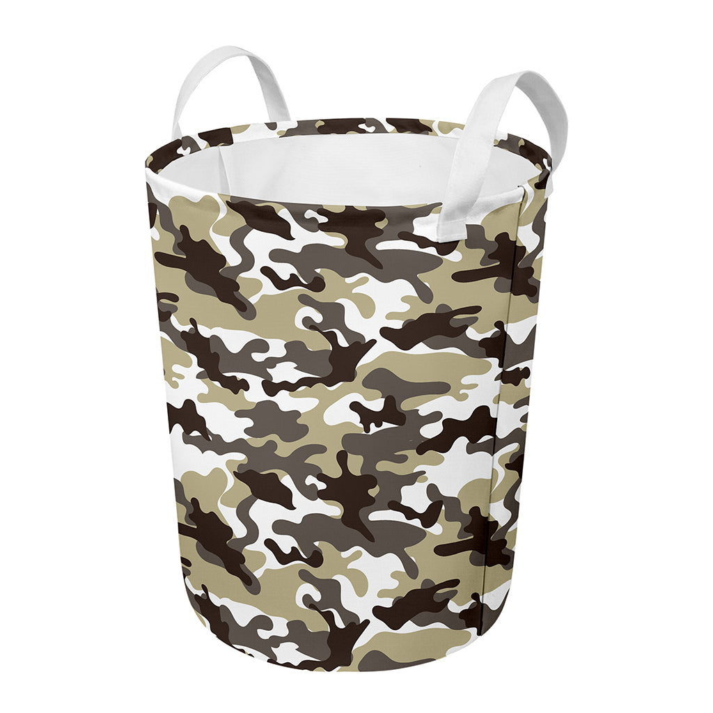 Brown And White Camouflage Print Round Laundry Basket