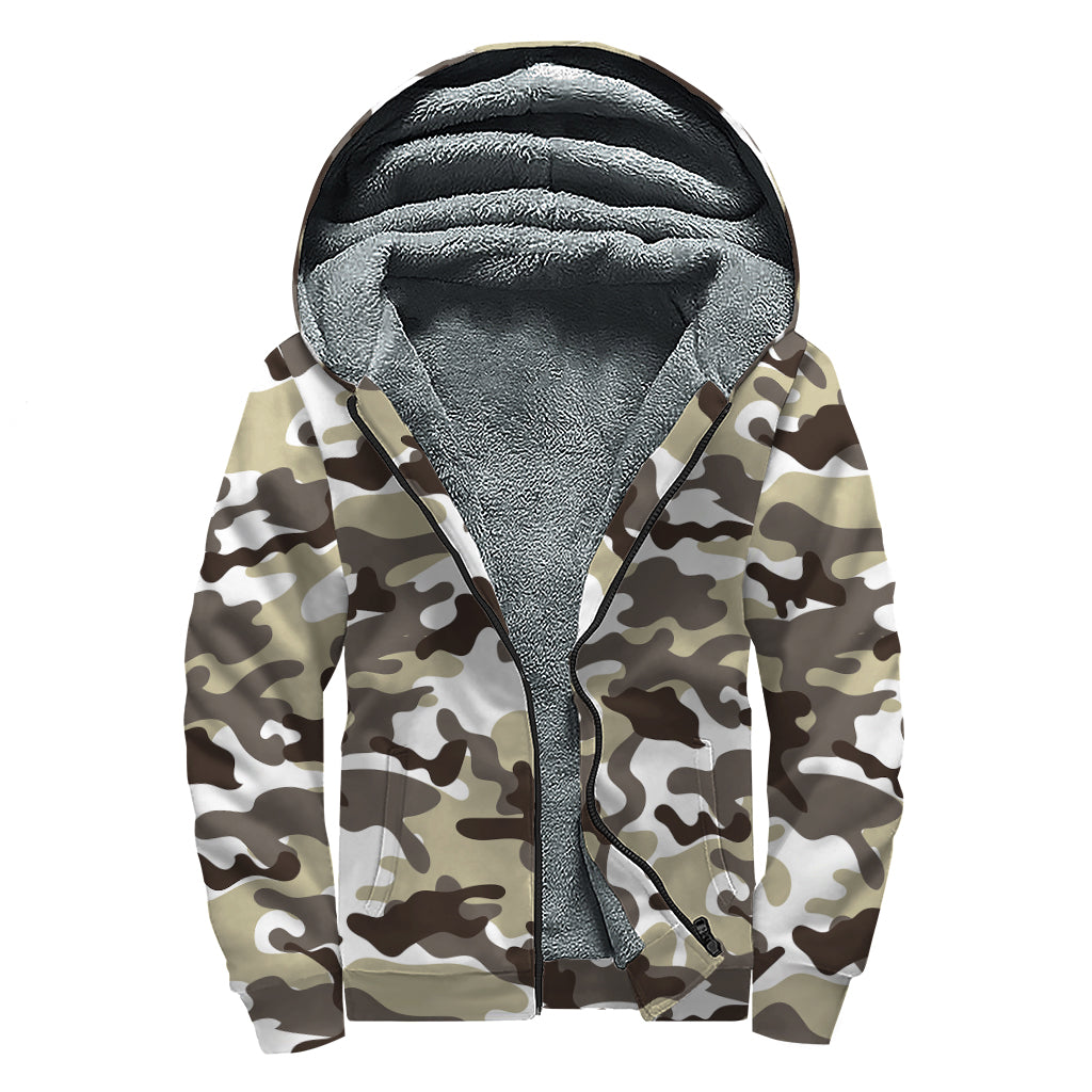 Brown And White Camouflage Print Sherpa Lined Zip Up Hoodie