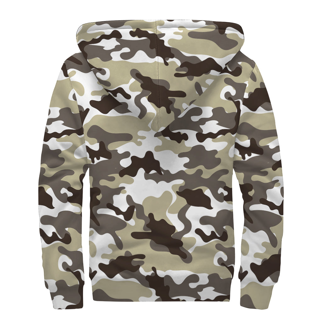 Brown And White Camouflage Print Sherpa Lined Zip Up Hoodie