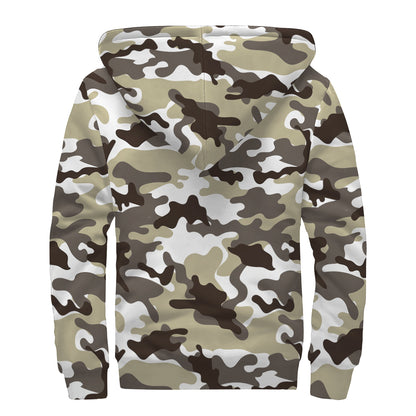 Brown And White Camouflage Print Sherpa Lined Zip Up Hoodie