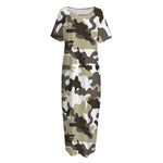 Brown And White Camouflage Print Short Sleeve Long Nightdress