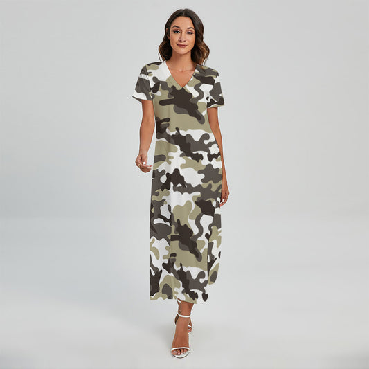 Brown And White Camouflage Print Short Sleeve Maxi Dress