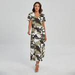 Brown And White Camouflage Print Short Sleeve Maxi Dress