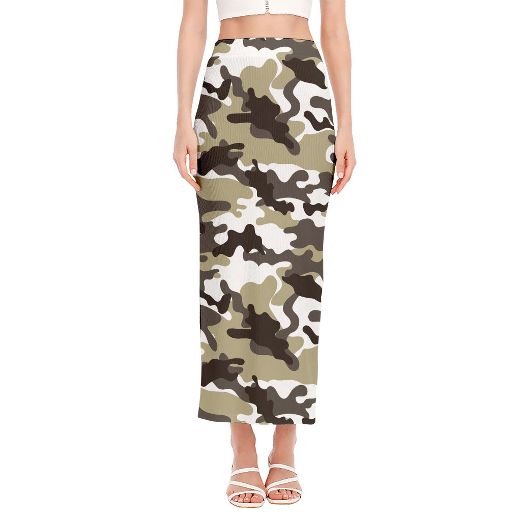 Brown And White Camouflage Print Side Slit Maxi Skirt