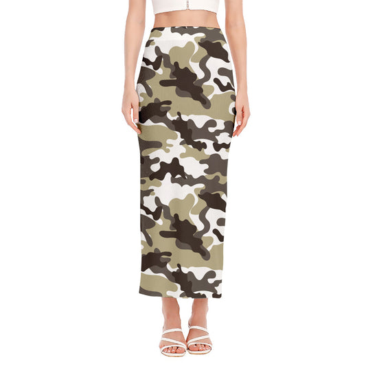 Brown And White Camouflage Print Side Slit Maxi Skirt