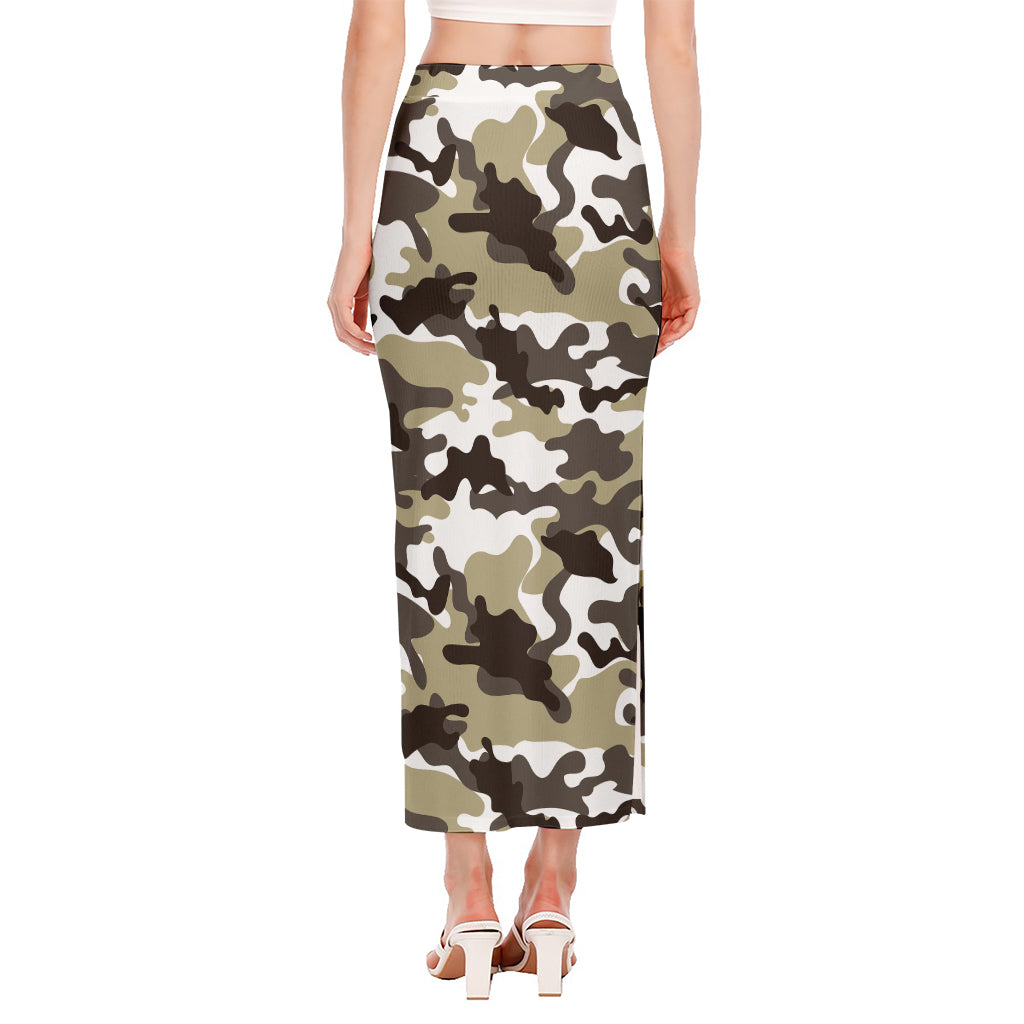 Brown And White Camouflage Print Side Slit Maxi Skirt