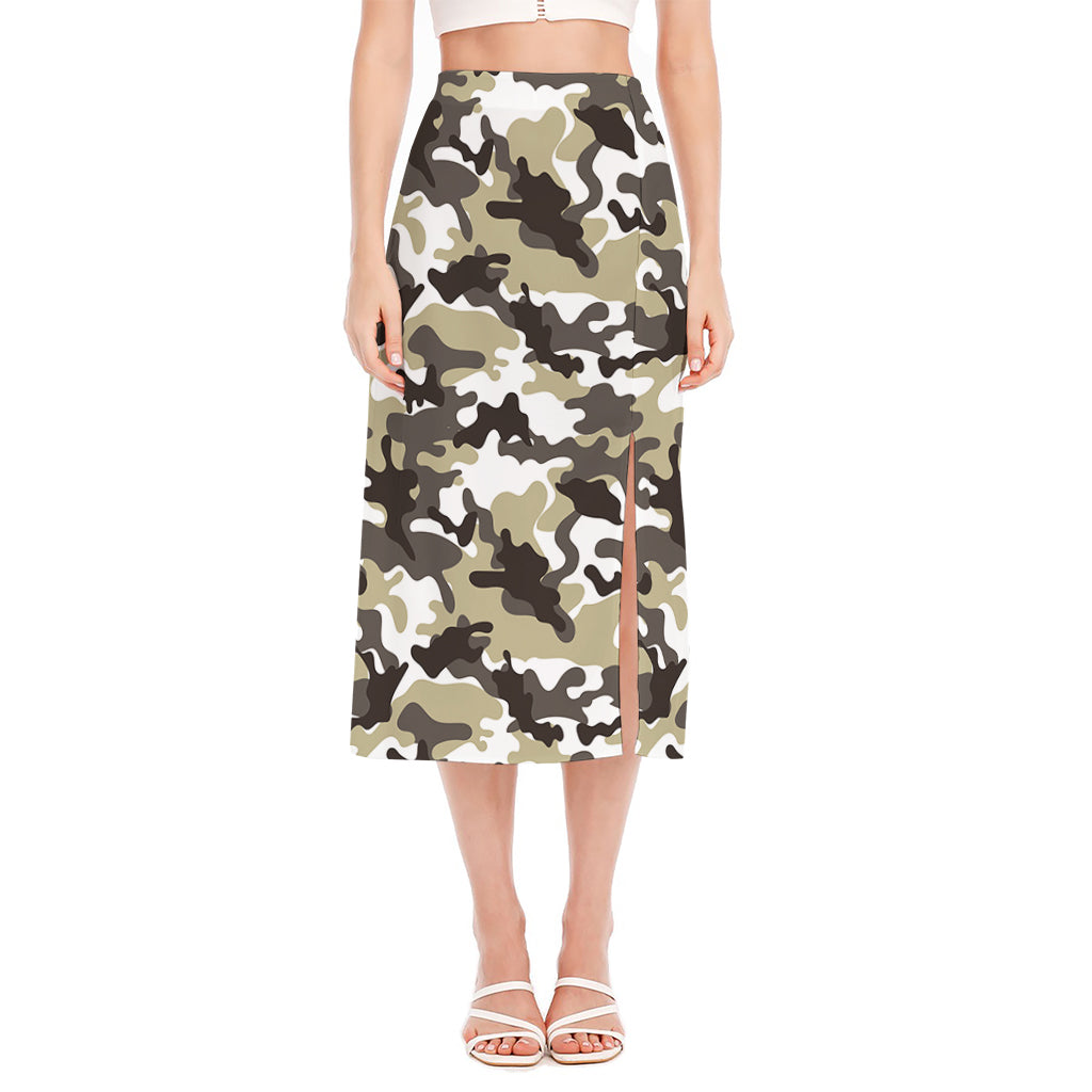 Brown And White Camouflage Print Side Slit Midi Skirt