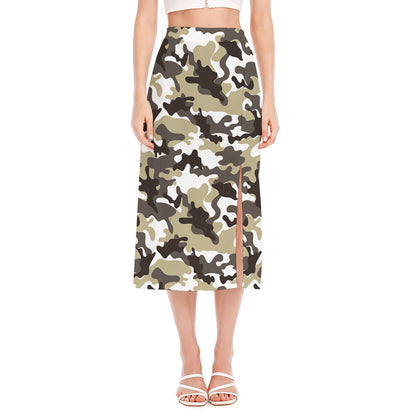 Brown And White Camouflage Print Side Slit Midi Skirt