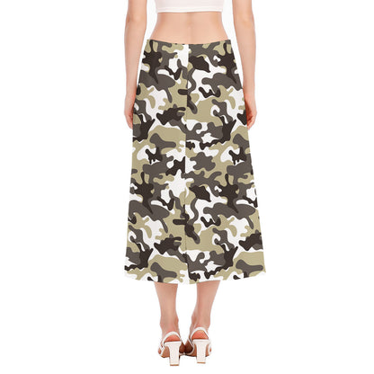 Brown And White Camouflage Print Side Slit Midi Skirt