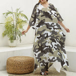 Brown And White Camouflage Print Silk V-Neck Kaftan Dress