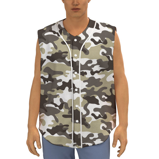 Brown And White Camouflage Print Sleeveless Baseball Jersey