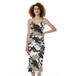 Brown And White Camouflage Print Slim Fit Midi Cami Dress