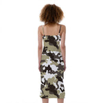 Brown And White Camouflage Print Slim Fit Midi Cami Dress