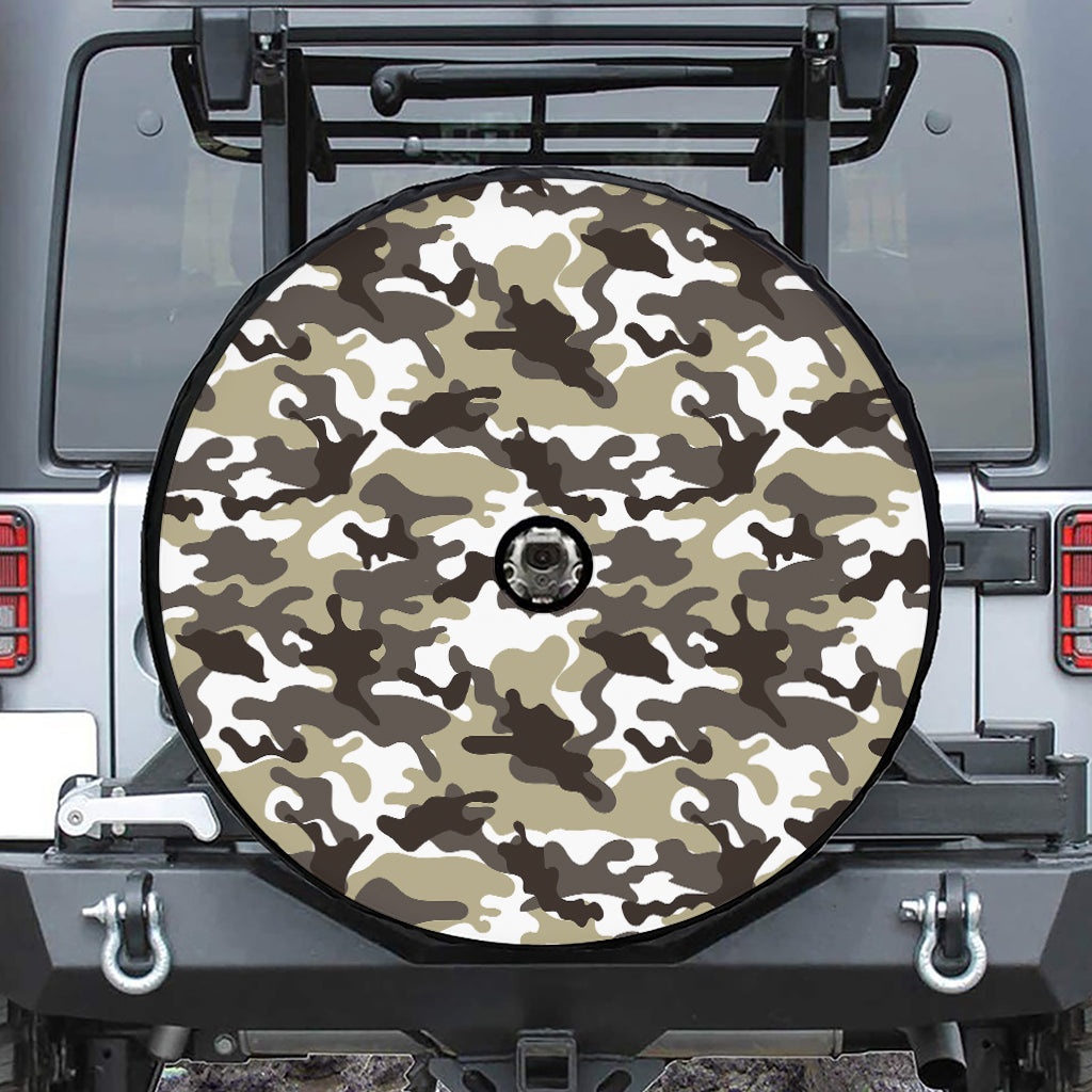 Brown And White Camouflage Print Tire Cover With Camera Hole