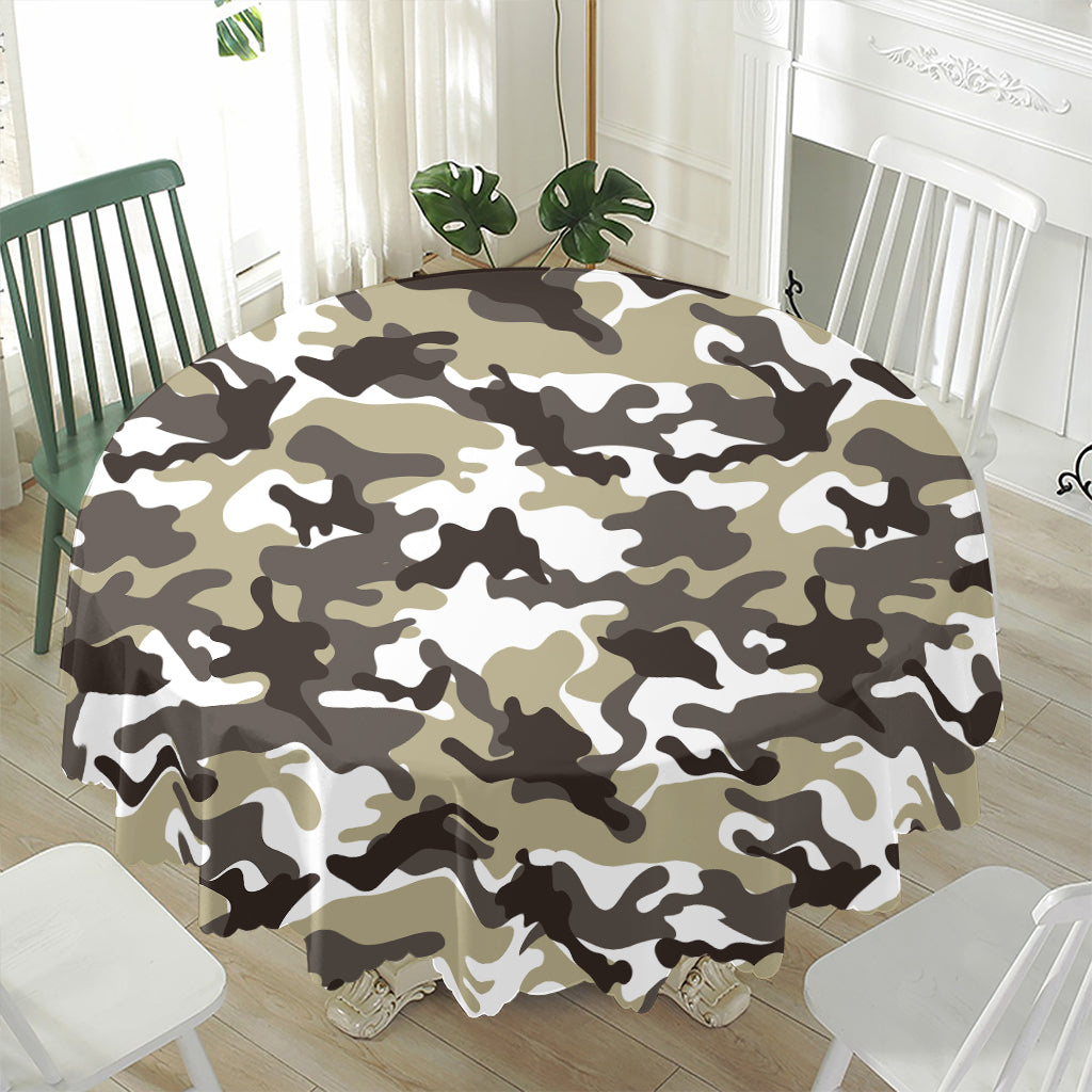 Brown And White Camouflage Print Waterproof Round Tablecloth