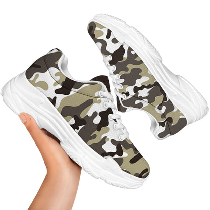 Brown And White Camouflage Print White Chunky Shoes