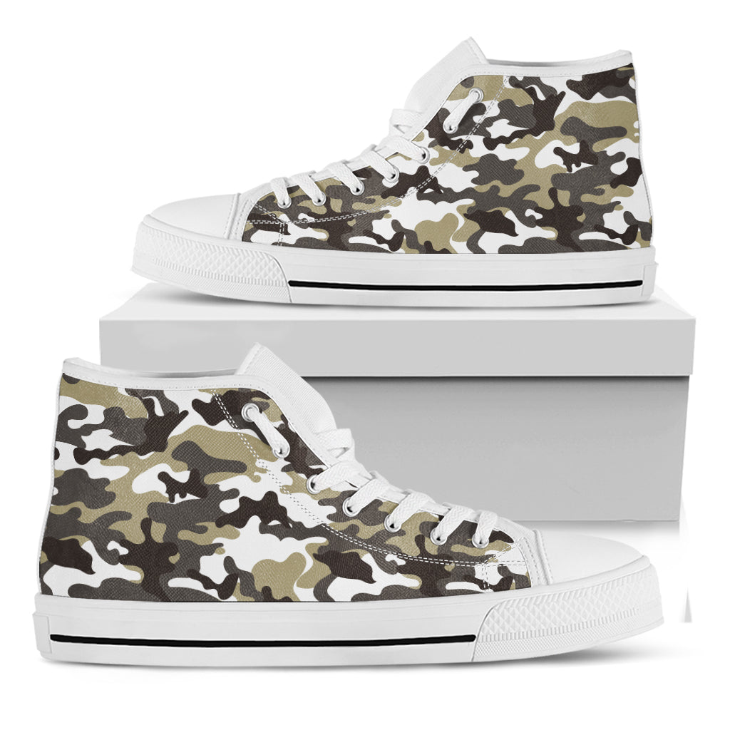 Brown And White Camouflage Print White High Top Sneakers