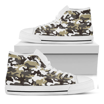Brown And White Camouflage Print White High Top Sneakers