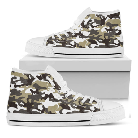 Brown And White Camouflage Print White High Top Sneakers