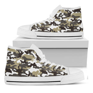 Brown And White Camouflage Print White High Top Sneakers
