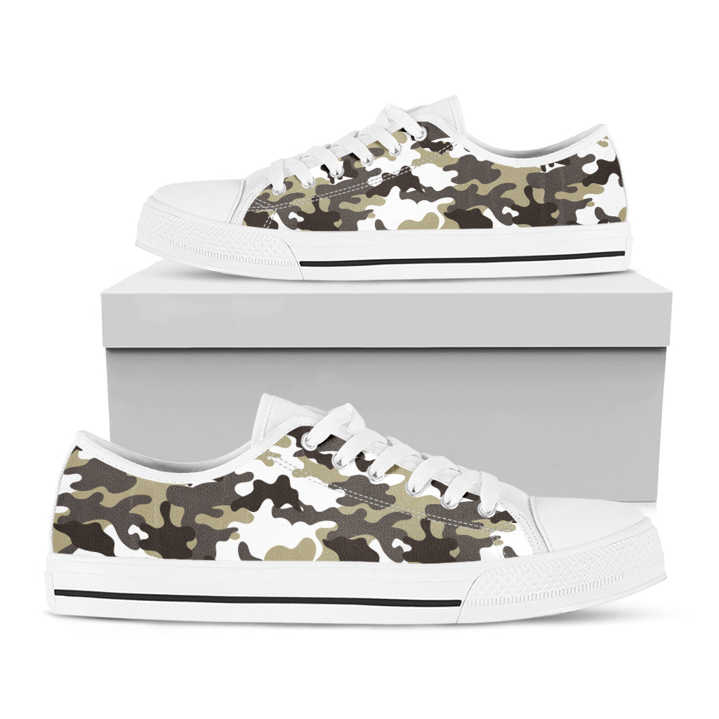 Brown And White Camouflage Print White Low Top Sneakers