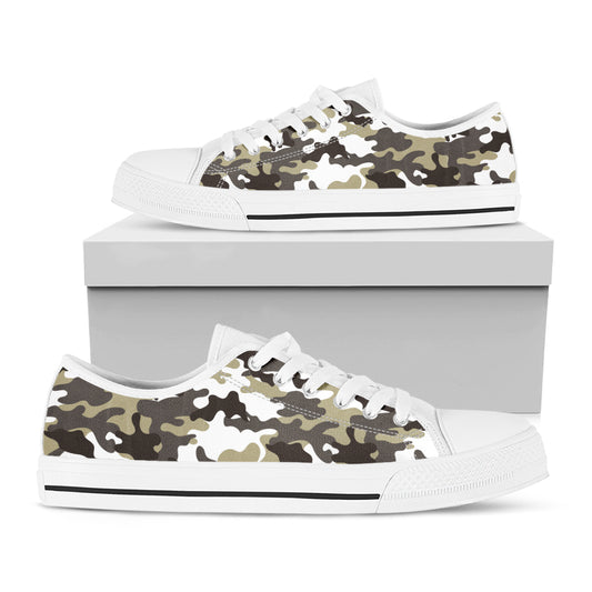 Brown And White Camouflage Print White Low Top Sneakers