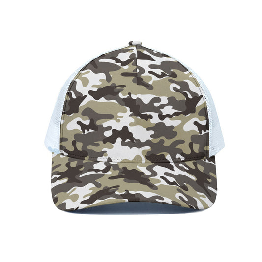 Brown And White Camouflage Print White Mesh Trucker Cap