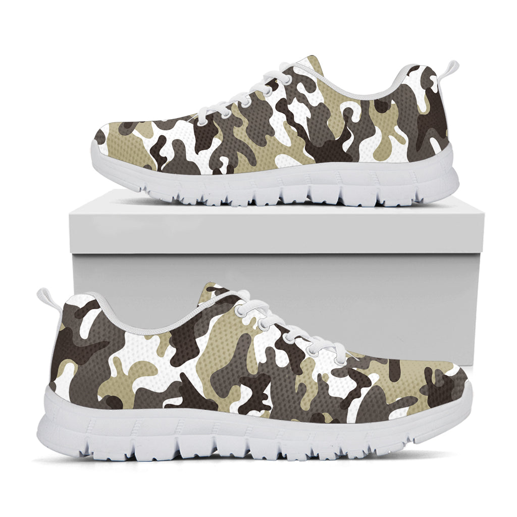 Brown And White Camouflage Print White Running Shoes