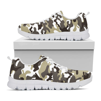 Brown And White Camouflage Print White Running Shoes