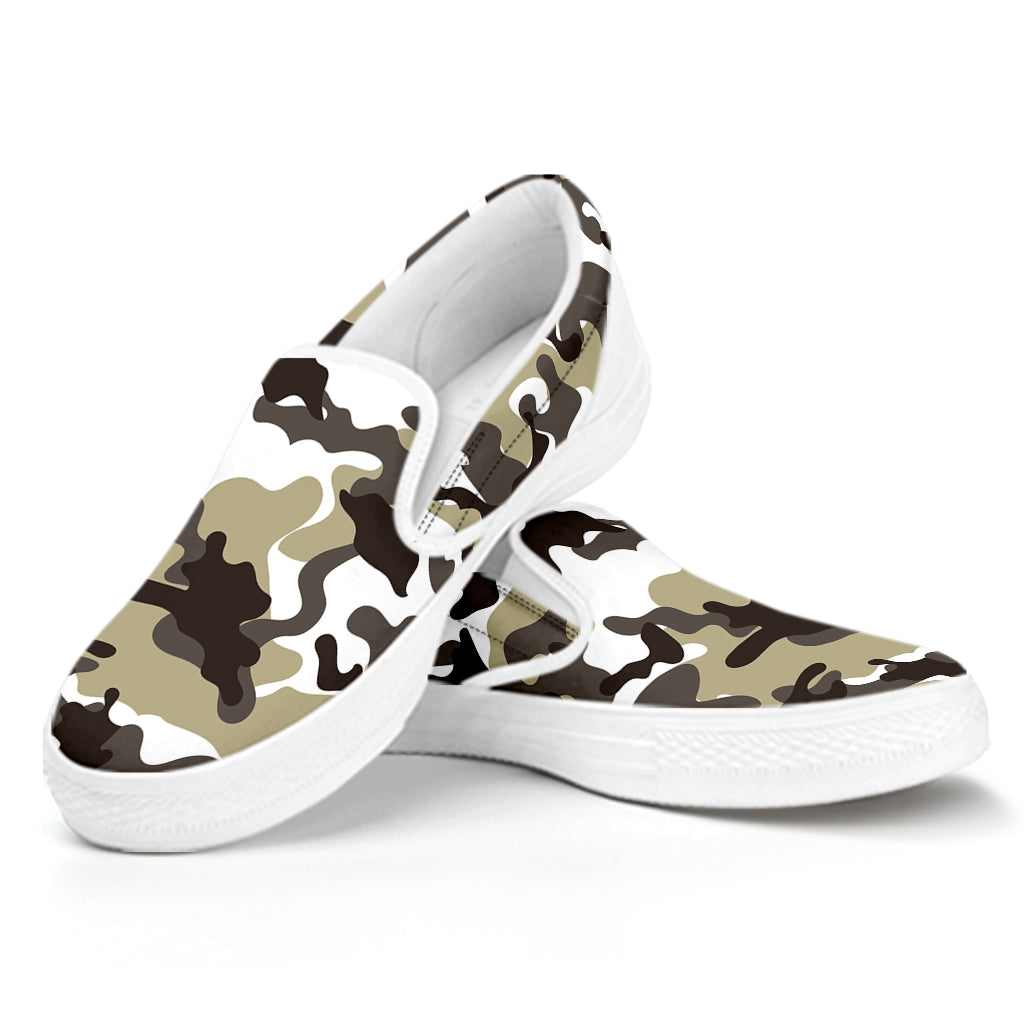 Brown And White Camouflage Print White Slip On Sneakers