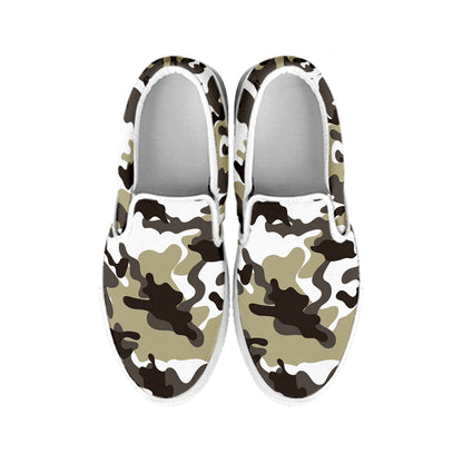 Brown And White Camouflage Print White Slip On Sneakers