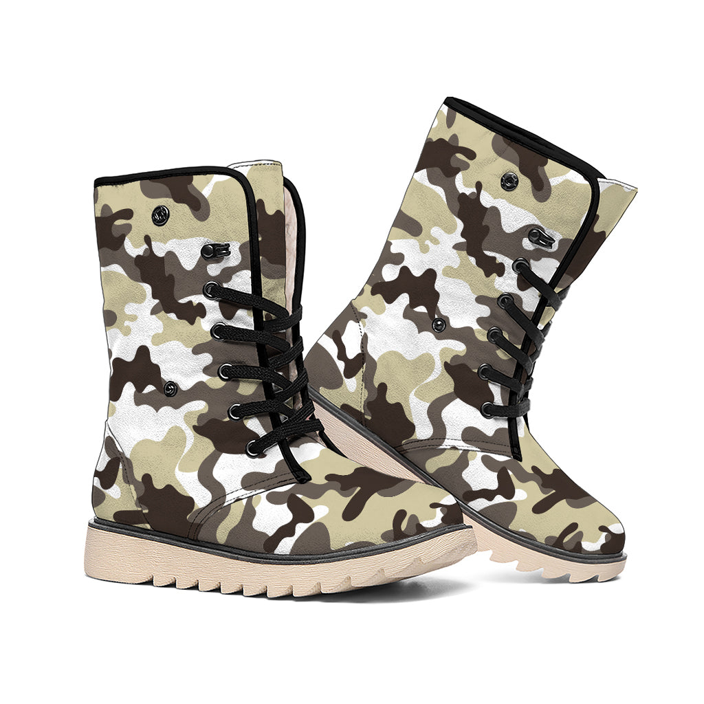 Brown And White Camouflage Print Winter Boots