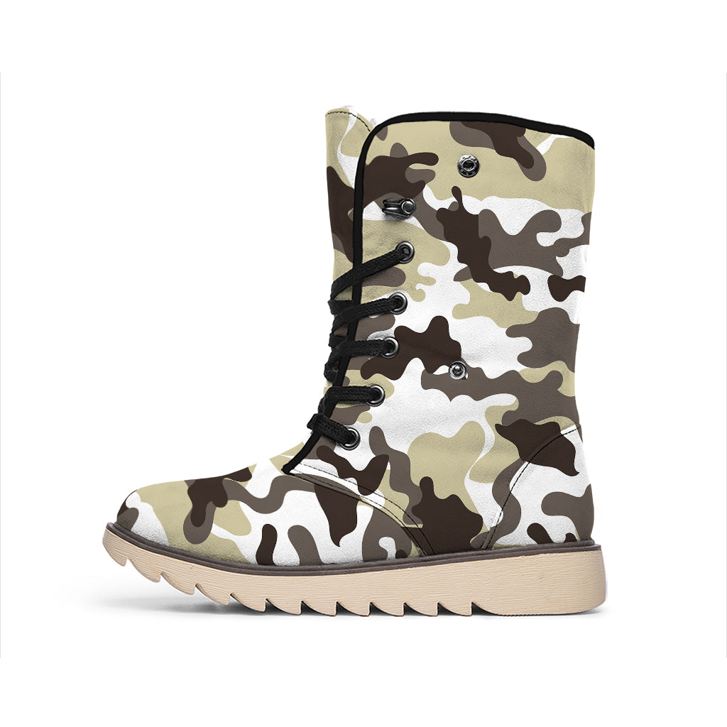 Brown And White Camouflage Print Winter Boots