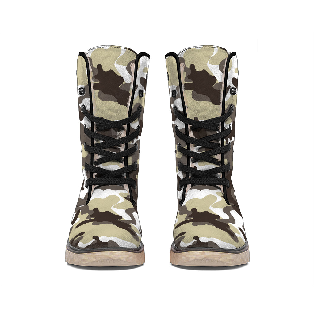 Brown And White Camouflage Print Winter Boots