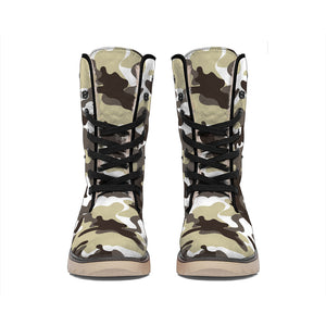 Brown And White Camouflage Print Winter Boots