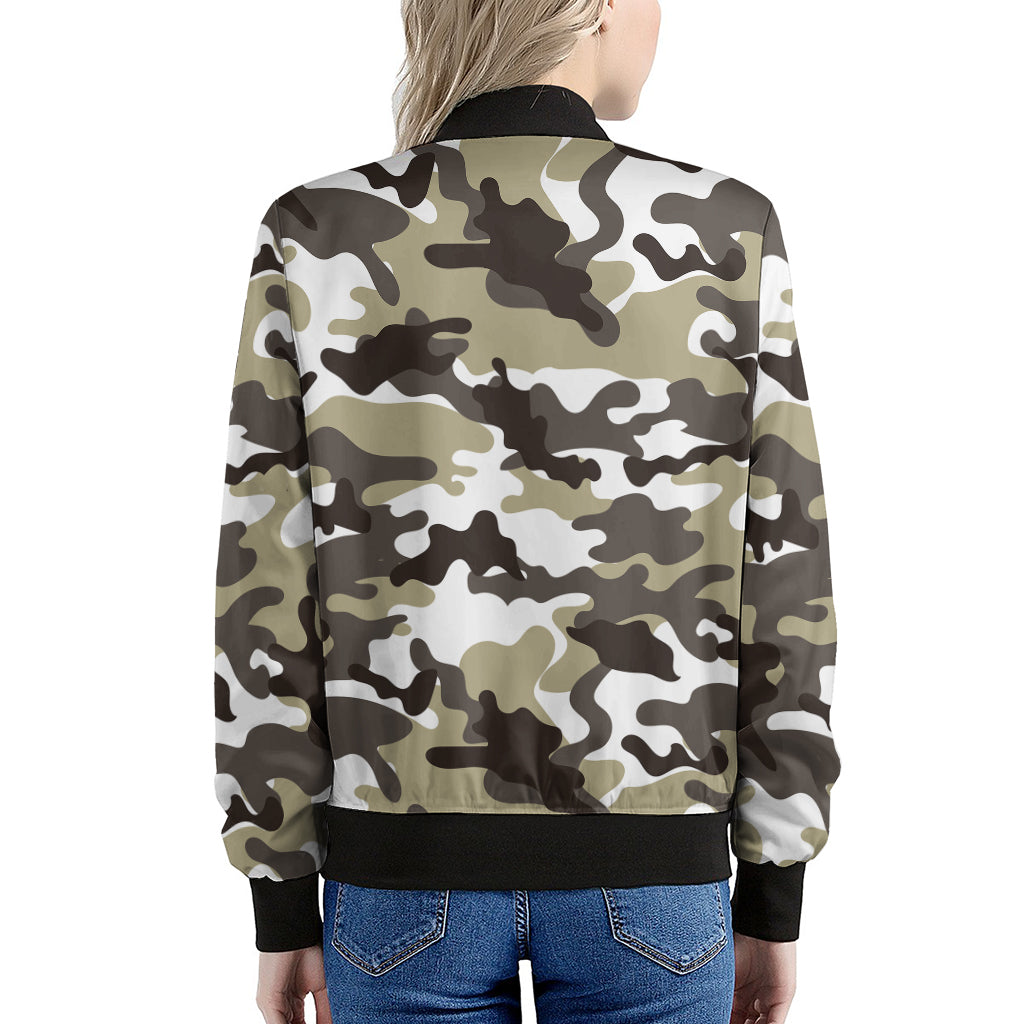 Brown And White Camouflage Print Women's Bomber Jacket
