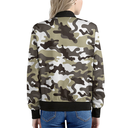 Brown And White Camouflage Print Women's Bomber Jacket