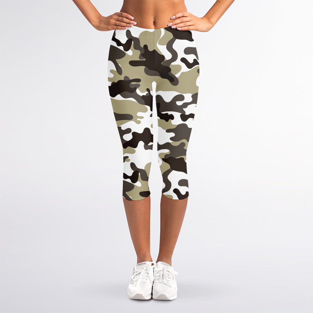 Brown And White Camouflage Print Women's Capri Leggings