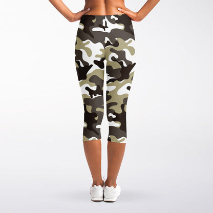 Brown And White Camouflage Print Women's Capri Leggings