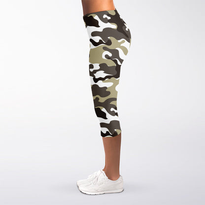 Brown And White Camouflage Print Women's Capri Leggings