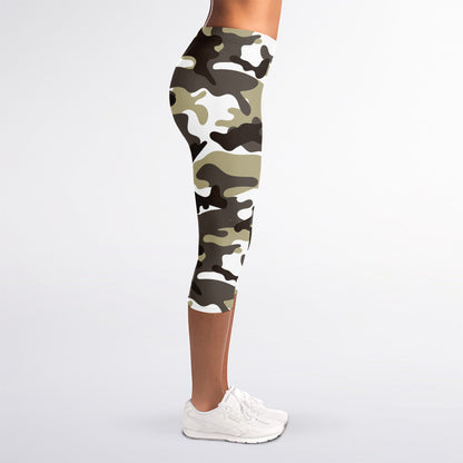 Brown And White Camouflage Print Women's Capri Leggings