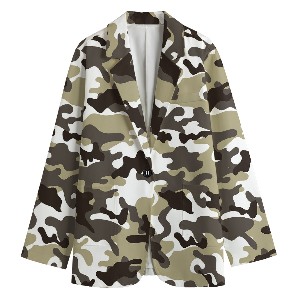Brown And White Camouflage Print Women's Cotton Blazer