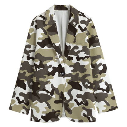 Brown And White Camouflage Print Women's Cotton Blazer