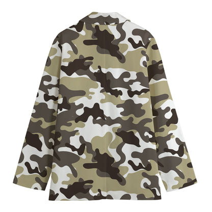 Brown And White Camouflage Print Women's Cotton Blazer