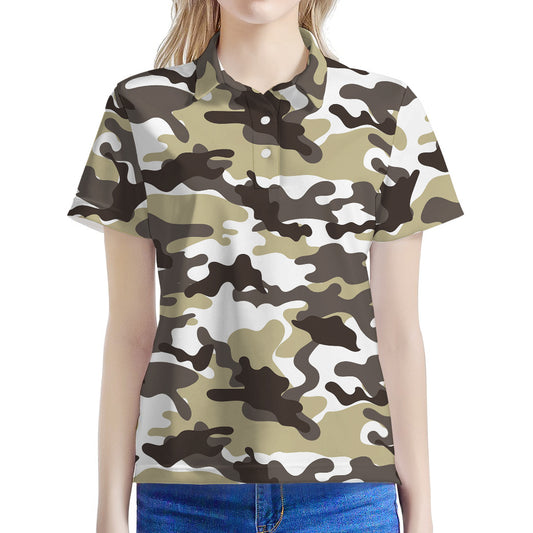 Brown And White Camouflage Print Women's Polo Shirt