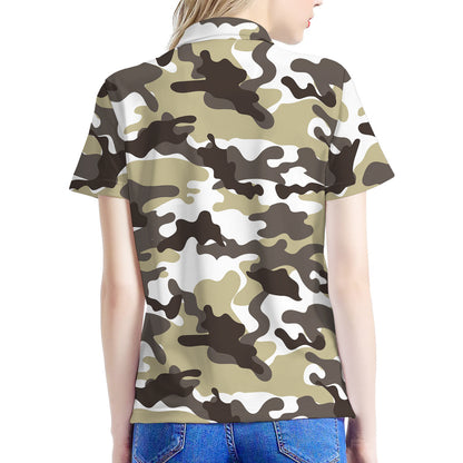 Brown And White Camouflage Print Women's Polo Shirt