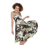 Brown And White Camouflage Print Women's Sleeveless Dress