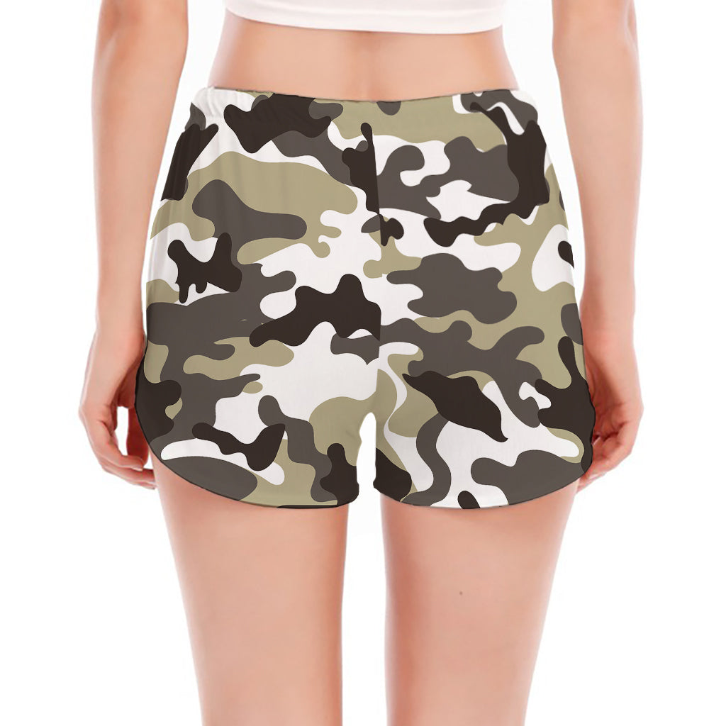 Brown And White Camouflage Print Women's Split Running Shorts